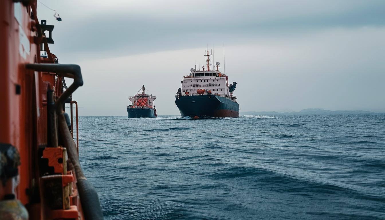 The photo that shows the vessel at the see, maybe next to another vessel that it looks like they are going together in the same direction